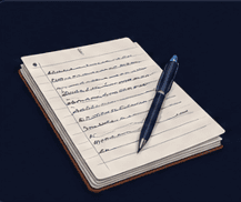 A page of linear handwritten notes with a pen